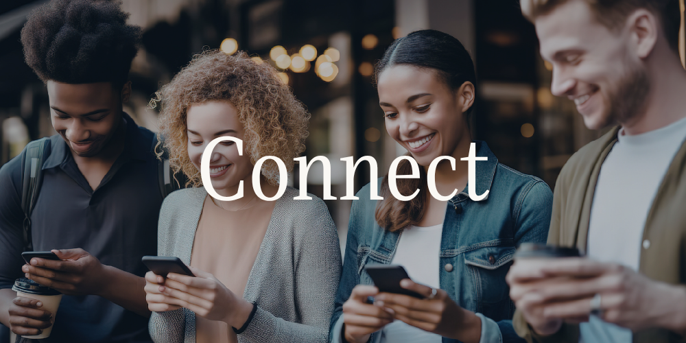 "Connect" — two women engaging with a brand on social media, Design Map Studio Dubai